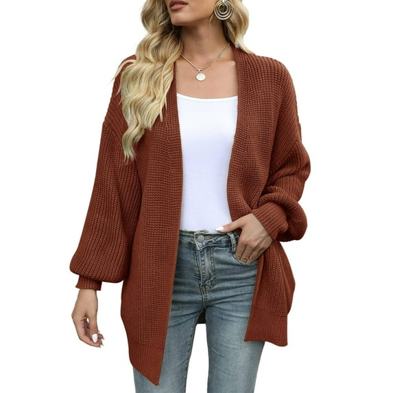 Women'S 2025 Style Front-Opening Thick Lantern Long-Sleeved Oversized Knitted Jacket with Pockets Brown L