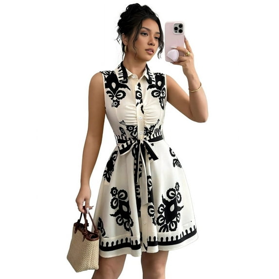 Women'S 2025 Summer Boho Floral Print Sleeveless Belt Flowy Button Down Midi Sun Dress Black L