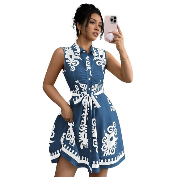 Women'S 2025 Summer Boho Floral Print Sleeveless Belt Flowy Button Down Midi Sun Dress Blue S