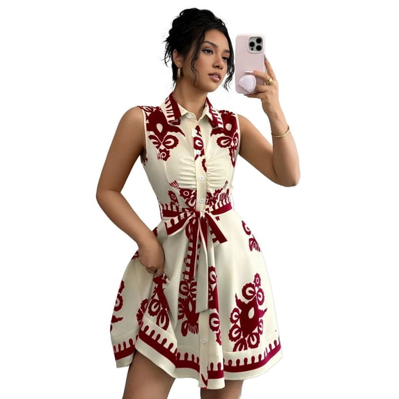 Women'S 2025 Summer Boho Floral Print Sleeveless Belt Flowy Button Down Midi Sun Dress Red L