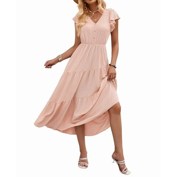 Women'S 2025 Summer Casual Flutter Short Sleeve Crew Neck Smocked Elastic Waist Tiered Midi Dress Pink M