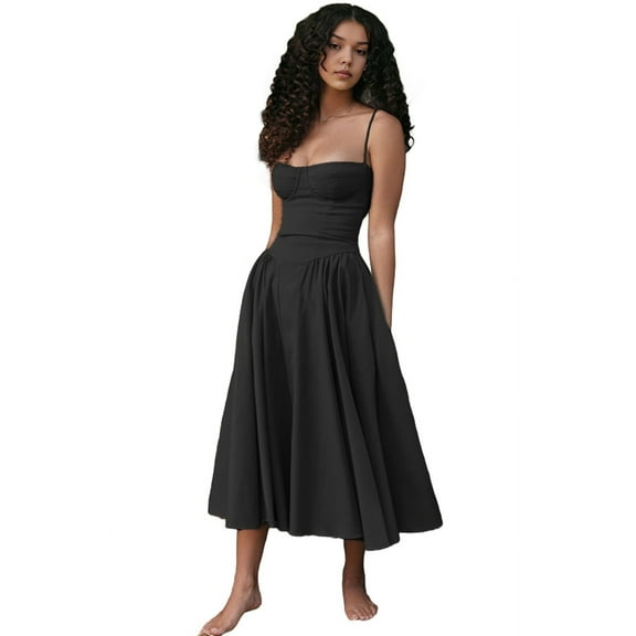 Women'S 2025 Summer Dress Spaghetti Strap Boho Fit Slim Fit Beach Sundress Black L