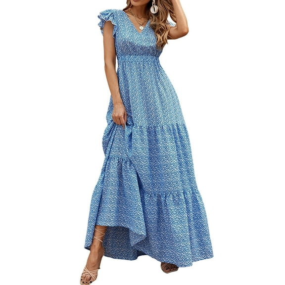 Women'S 2025 Summer Dress V-Neck Cap Sleeve High Waist Floral Tiered Ruffle A Line Long Maxi Dresses Blue L