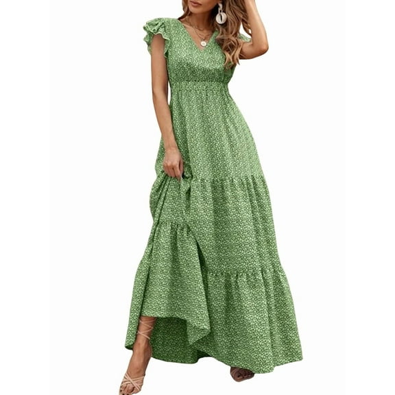 Women'S 2025 Summer Dress V-Neck Cap Sleeve High Waist Floral Tiered Ruffle A Line Long Maxi Dresses Green S