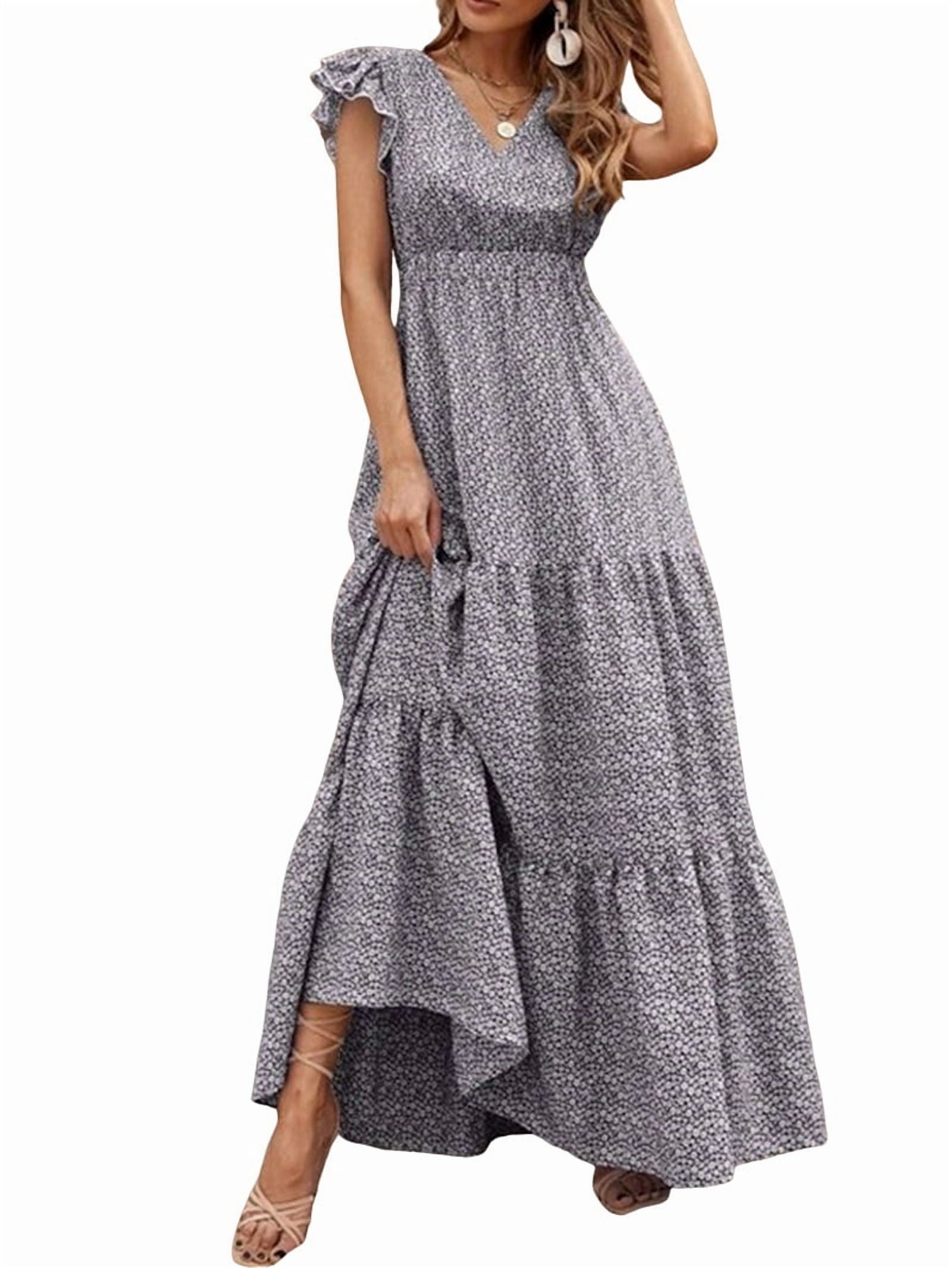 Wenrine Women's Summer Smocked Midi Dress – V-Neck Cap Sleeve With Side Slit & Pockets, Flowy Long Dress For Casual Wear - View #4