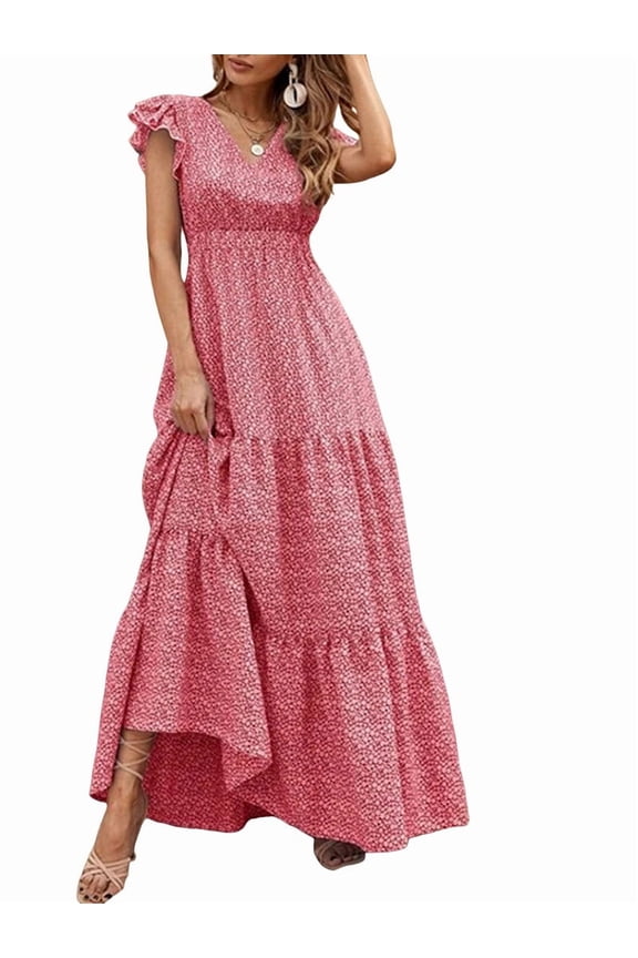 Women'S 2025 Summer Dress V-Neck Cap Sleeve High Waist Floral Tiered Ruffle A Line Long Maxi Dresses Red L