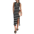 thumbnail image 1 of Women'S 2025 Summer Dresses Casual Sleeveless Hollow Out Knit Side Slit Striped Midi Tank Dress Black M, 1 of 8