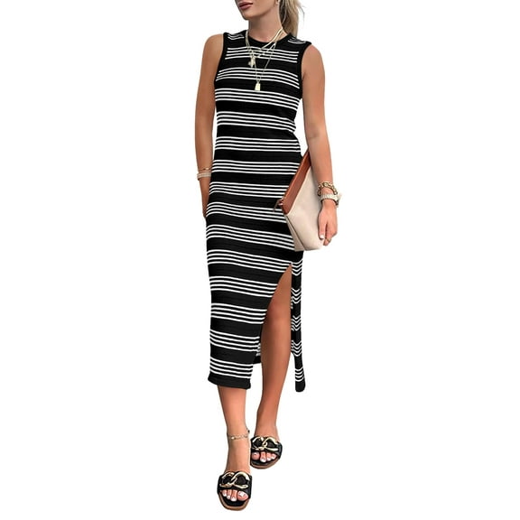 Women'S 2025 Summer Dresses Casual Sleeveless Hollow Out Knit Side Slit Striped Midi Tank Dress Black XL