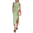 thumbnail image 1 of Women'S 2025 Summer Dresses Casual Sleeveless Hollow Out Knit Side Slit Striped Midi Tank Dress Green XL, 1 of 8