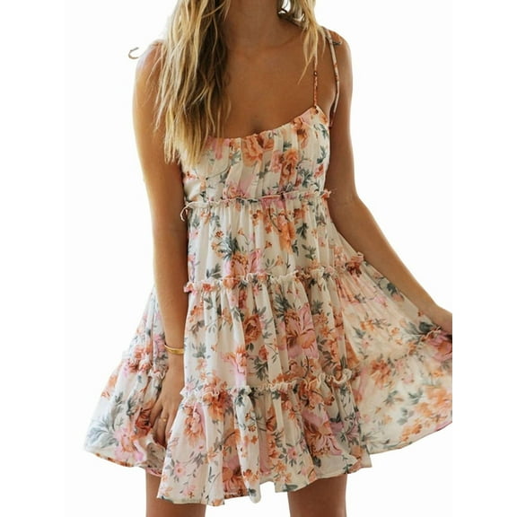 Women'S 2025 Summer Floral Bohemian Flowy Dress Short Sleeveless Ruffle Spaghetti Strap Dress Orange & Green S