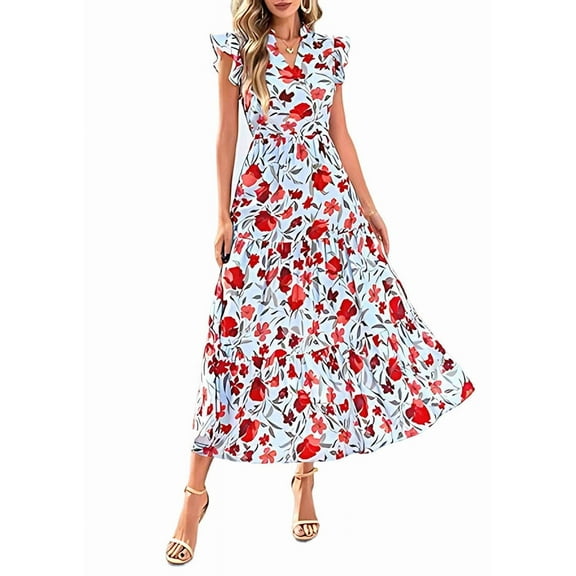 Women'S 2025 Summer Floral Midi Dress Cap Sleeve V Neck Ruffle Long Flowy Boho Casual Beach Vacation Dresses Picture1 XL