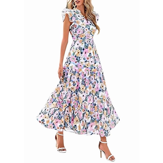 Women'S 2025 Summer Floral Midi Dress Cap Sleeve V Neck Ruffle Long Flowy Boho Casual Beach Vacation Dresses Picture5 L