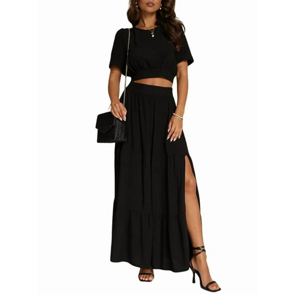 Women'S 2025 Summer Flowy Boho Maxi Skirt Trendy Slit Elastic High Waist A Line Beach Long Skirts Black XXL