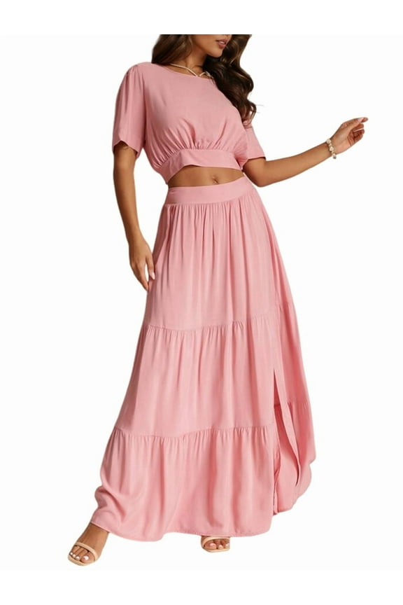Women'S 2025 Summer Flowy Boho Maxi Skirt Trendy Slit Elastic High Waist A Line Beach Long Skirts Pink M
