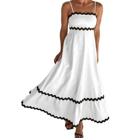 Ipladies Women'S 2025 Summer Flowy Maxi Dress Casual Sleeveless Spaghetti Strap Ruffle Beach Long Dresses White and Black L