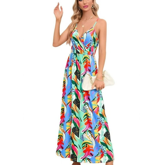 Women'S 2025 Summer Maxi Dress Floral Tie Front Spaghetti Strap Casual Boho Beach Flowy Sundress Color M