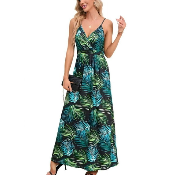 Women'S 2025 Summer Maxi Dress Floral Tie Front Spaghetti Strap Casual Boho Beach Flowy Sundress Green XXL