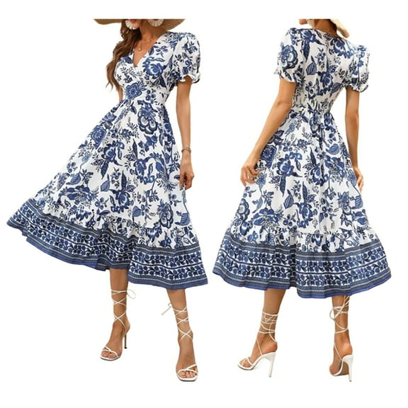 Women'S 2025 Summer Puff Sleeves Boho Floral Print Casual Flowy Long Maxi Dress Blue XXL