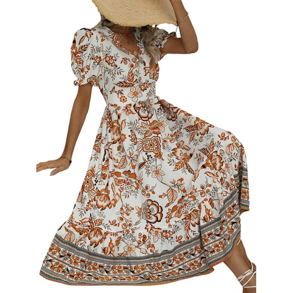 Women'S 2025 Summer Puff Sleeves Boho Floral Print Casual Flowy Long Maxi Dress Orange Color S