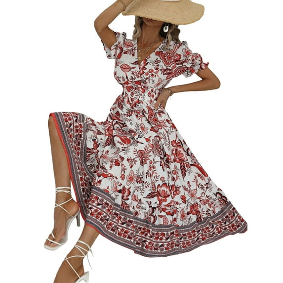 Women'S 2025 Summer Puff Sleeves Boho Floral Print Casual Flowy Long Maxi Dress Red S