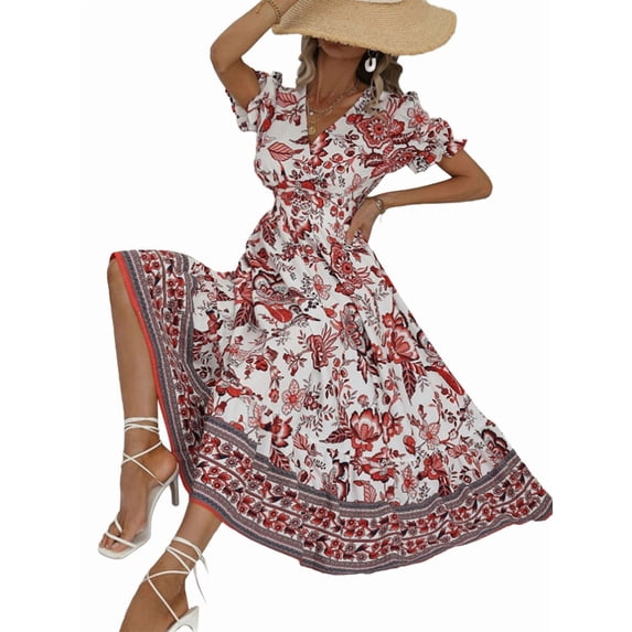 Women'S 2025 Summer Puff Sleeves Boho Floral Print Casual Flowy Long Maxi Dress Red S