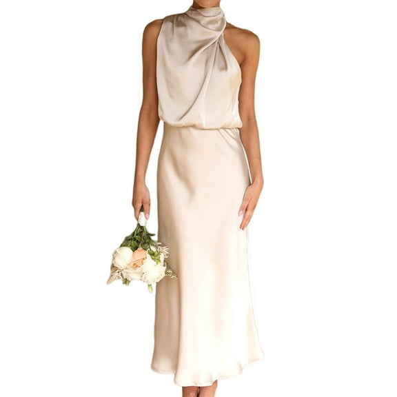 Women'S 2025 Summer Satin Dress Elegant Sleeveless Mock Neck Cocktail Party Maxi Dresses Apricot L