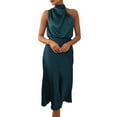 thumbnail image 1 of Women'S 2025 Summer Satin Dress Elegant Sleeveless Mock Neck Cocktail Party Maxi Dresses Navy Blue L, 1 of 8