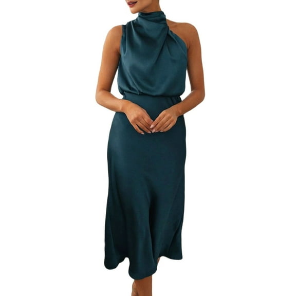 Women'S 2025 Summer Satin Dress Elegant Sleeveless Mock Neck Cocktail Party Maxi Dresses Navy Blue XL