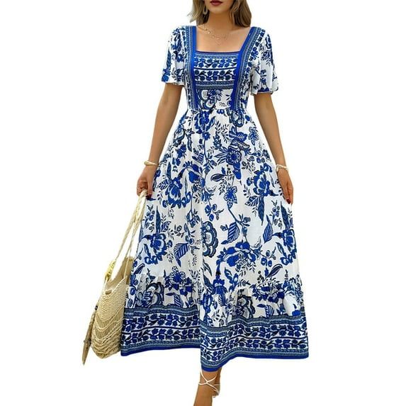 Women'S 2025 Summer Short Sleeves Boho Floral Print Tiered Casual Flowy Long Maxi Dress Blue & White XL
