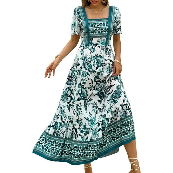 Women'S 2025 Summer Short Sleeves Boho Floral Print Tiered Casual Flowy Long Maxi Dress Green XL