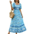 thumbnail image 1 of Women'S 2025 Summer Short Sleeves Boho Floral Print Tiered Casual Flowy Long Maxi Dress Light Blue M, 1 of 9