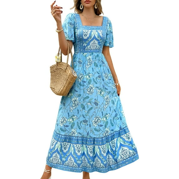 Women'S 2025 Summer Short Sleeves Boho Floral Print Tiered Casual Flowy Long Maxi Dress Light Blue M