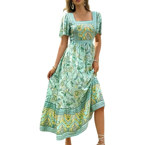 Women'S 2025 Summer Short Sleeves Boho Floral Print Tiered Casual Flowy Long Maxi Dress Light Green M