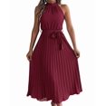 thumbnail image 1 of Women'S 2025 Summer Sleeveless Halter Neck Pleated Midi Cocktail Dresses A Line Flowy Beach Sun Dress Wine Red S, 1 of 9