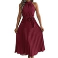 thumbnail image 1 of Women'S 2025 Summer Sleeveless Halter Neck Pleated Midi Cocktail Dresses A Line Flowy Beach Sun Dress Wine Red XL, 1 of 8