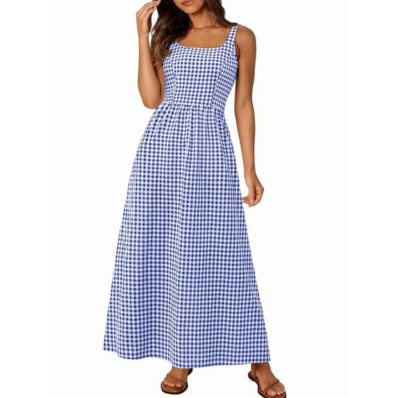 Women'S 2025 Summer Spaghetti Strap Maxi Dresses Plaid Square Neck A Line Casual Beach Vacation Long Sundress Blue XXL