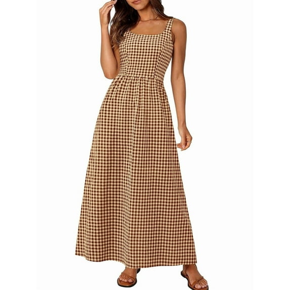 Women'S 2025 Summer Spaghetti Strap Maxi Dresses Plaid Square Neck A Line Casual Beach Vacation Long Sundress Camel XXL