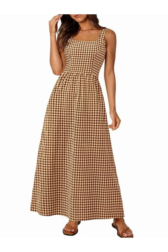 Women'S 2025 Summer Spaghetti Strap Maxi Dresses Plaid Square Neck A Line Casual Beach Vacation Long Sundress