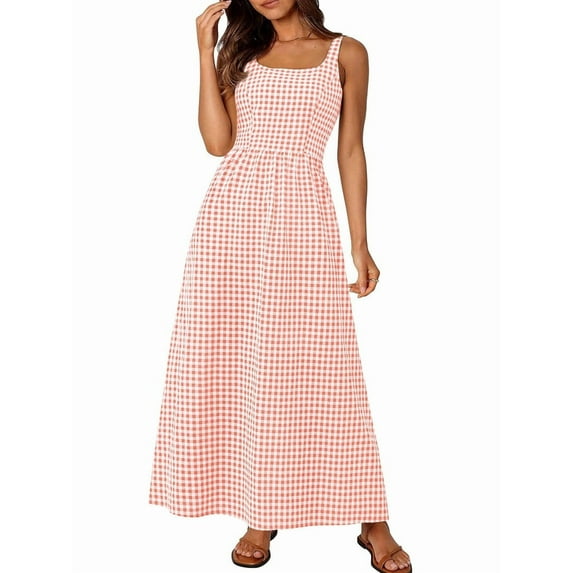 Women'S 2025 Summer Spaghetti Strap Maxi Dresses Plaid Square Neck A Line Casual Beach Vacation Long Sundress
