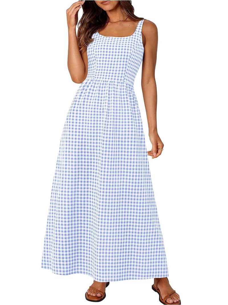 Women'S 2025 Summer Spaghetti Strap Plaid Square Neck A Line Casual Beach Vacation Long Maxi Dresses Light Blue M