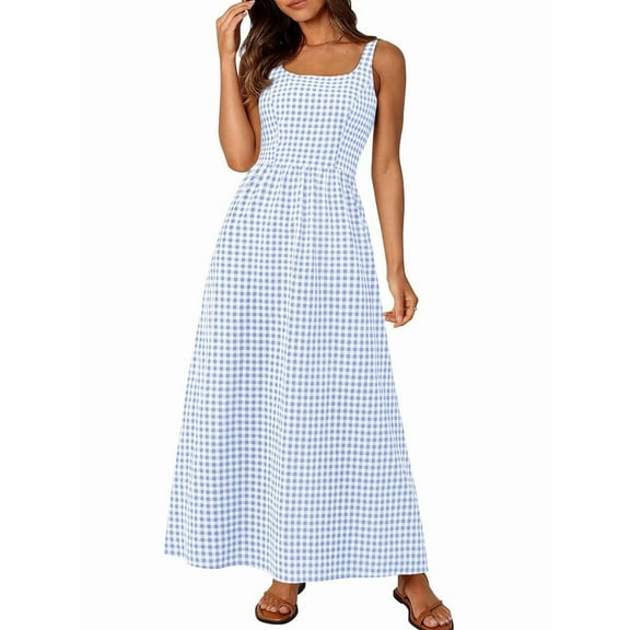 Women'S 2025 Summer Spaghetti Strap Plaid Square Neck A Line Casual Beach Vacation Long Maxi Dresses Light Blue S