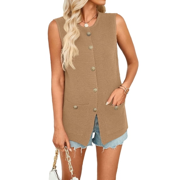 Women'S 2025 Summer Sweater Vest Sleeveless Knit Cardigan Button Down Tank Tops Khaki XL