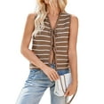 thumbnail image 1 of Women'S 2025 Summer Trendy Crochet Knit V Neck Sleeveless Tie Front Striped Sweater Vests Beach Outfits Light Brown L, 1 of 9