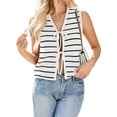 thumbnail image 1 of Women'S 2025 Summer Trendy Crochet Knit V Neck Sleeveless Tie Front Striped Sweater Vests Beach Outfits White L, 1 of 7