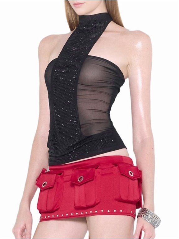 Women'S 2025 Summer and Autumn Solid Color Hot Diamond Tie Halter Neck Strap Sleeveless Slim Fit Tops Black L