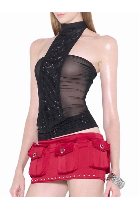 Women'S 2025 Summer and Autumn Solid Color Hot Diamond Tie Halter Neck Strap Sleeveless Slim Fit Tops Black S