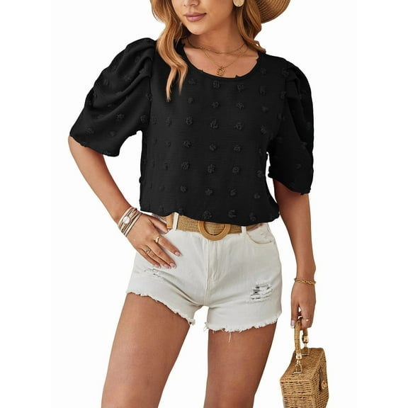 Women'S 2025 Summer and Autumn Woven Jacquard Fur Ball Half-Length Puff Sleeve Round Neck Tops Black XXL