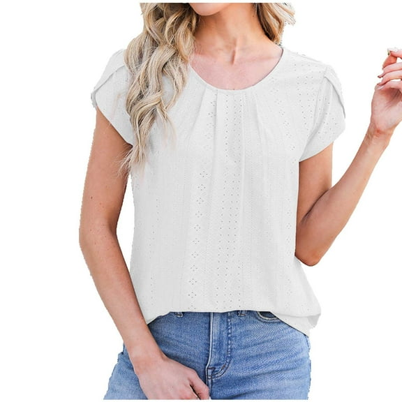 ZQUUVOU Women'S 2025 T Shirts Casual Cap Pleated Short Sleeve Tops Cute Eyelet Summer Spring Shirts White