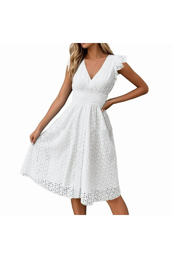 Women'S 2025Eyelet Lace Embroidery Smocked Waist Party Dress Flutter Sleeve A Line Midi Long Sun Dress White M