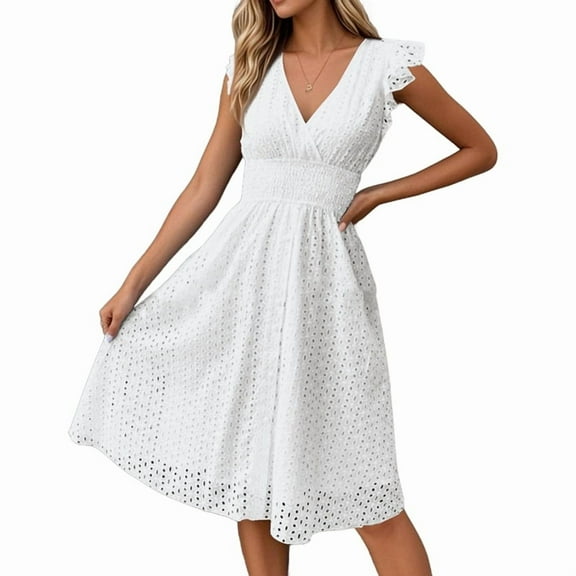 Women'S 2025Eyelet Lace Embroidery Smocked Waist Party Dress Flutter Sleeve A Line Midi Long Sun Dress White M